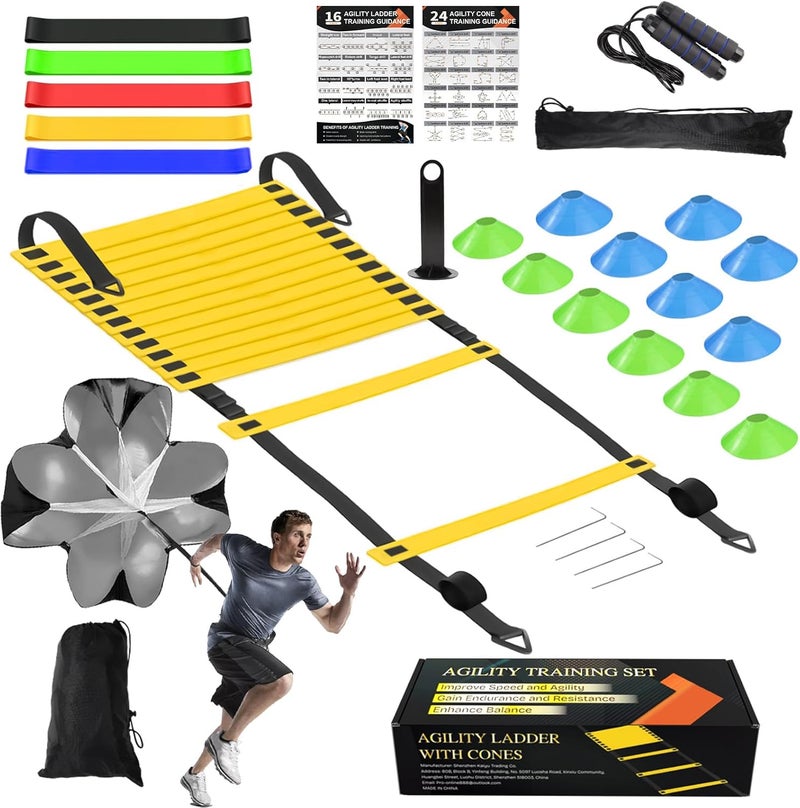 grestar Speed Agility Training Equipment Set, Agility Ladder 20ft, 12 Football Cones, Resistance Parachute/Soccer Kick Trainer, Jump Rope, 5 Resistance Bands, Football Practice Equipment for Kids Adults - Image 1